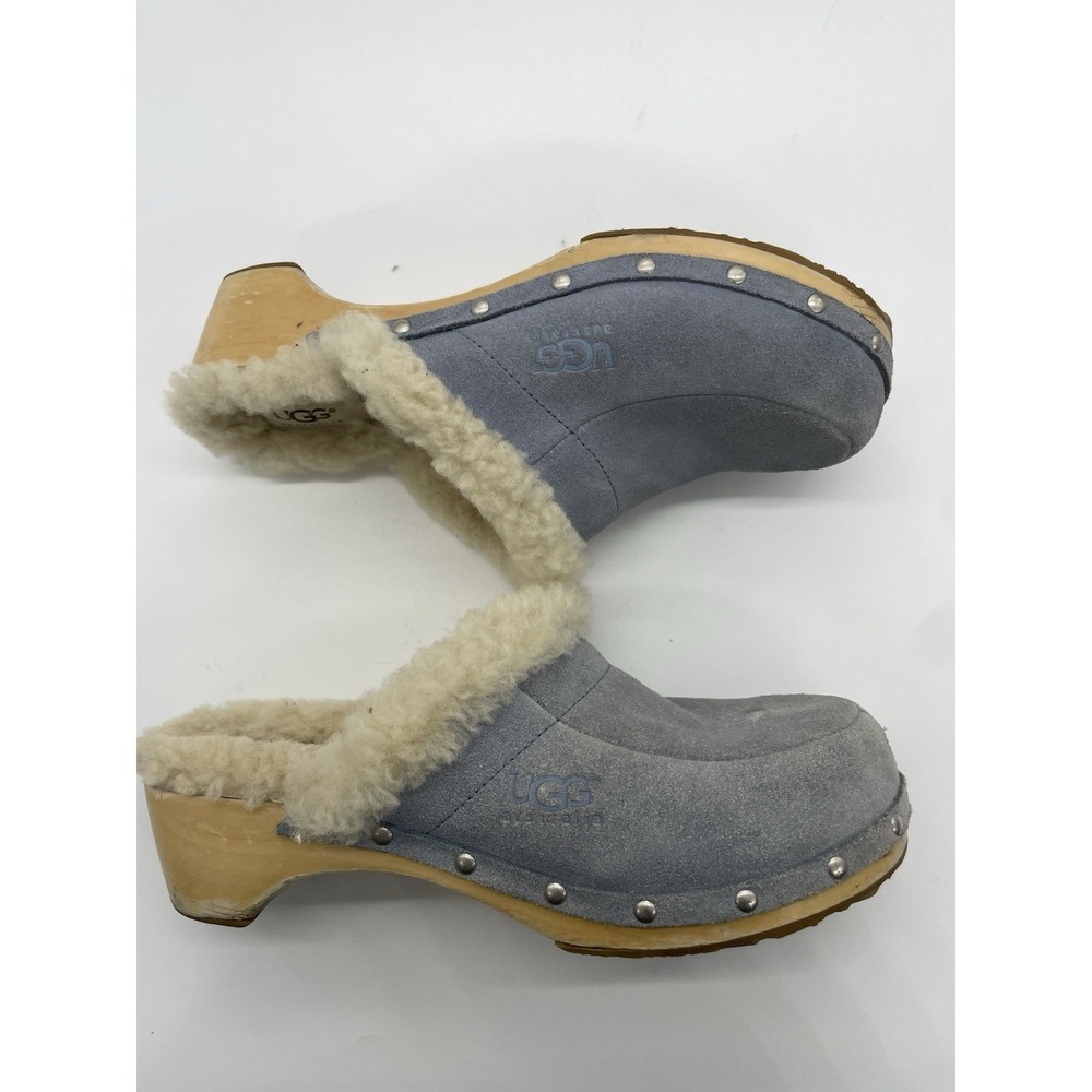 UGG Suede Kalie Clogs Sheepskin Slip On Shoes Blue Women's Sz 8 Casual Boho